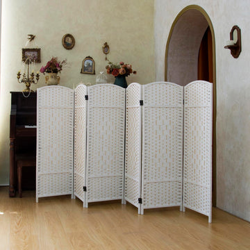 Compact 6 Panel Short Room Divider, 47.2 Inch Tall Double-Sided Rattan Folding Privacy Screen, White
