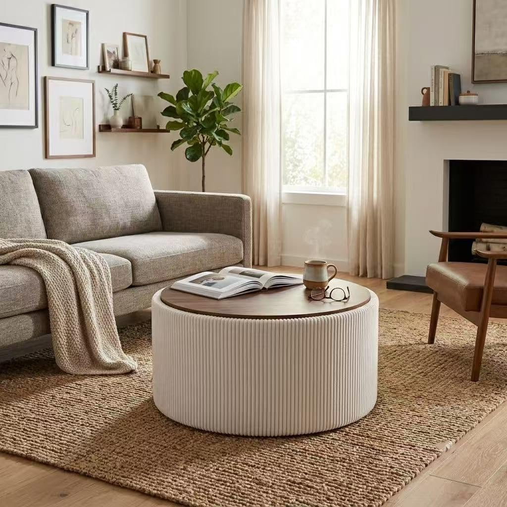 28" Round Storage Ottoman, Ottoman Coffee Table with Tray, Corduroy | Modern Ottomans with Storage with Anti-Slip