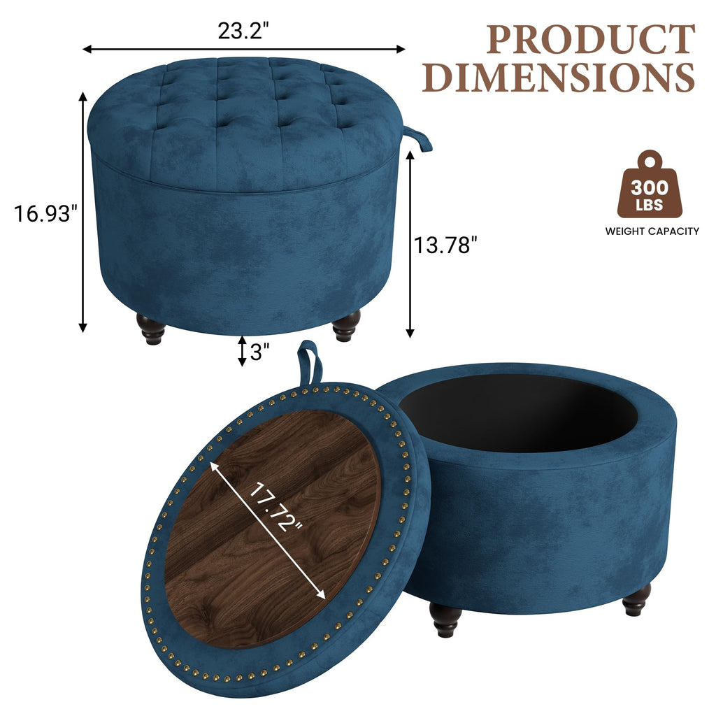 24 Inch Round Storage Ottoman, Modern Tufted Ottomans, Circular Coffee Table with Removable Top, Upholstered Large