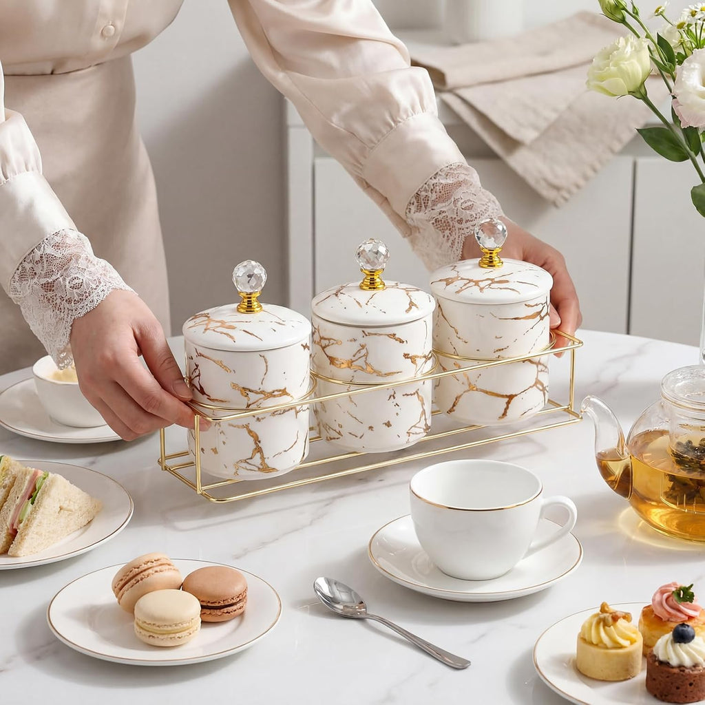 Ceramic Coffee Canister Set with Lids and Metal Stand, Securely Packed in Foam Mold, Marble Sugar Coffee Tea - Set of 3