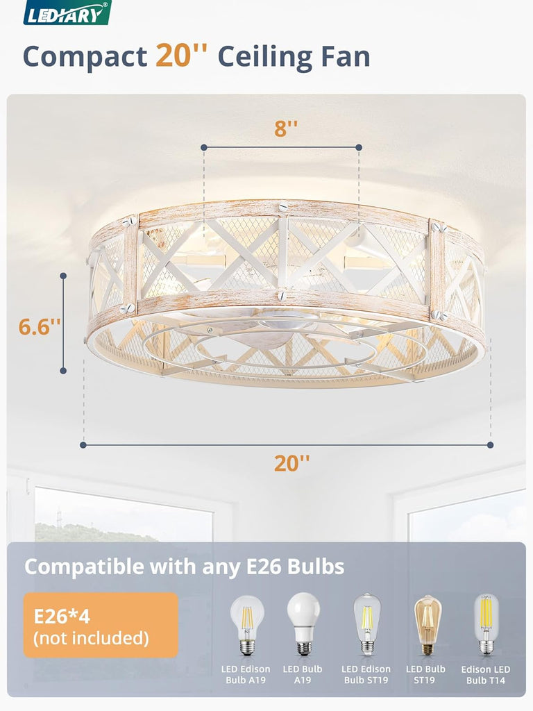 20" Caged Ceiling Fan with Light, APP&Remote Control, Small Flush Mount Farmhouse Fan Lights