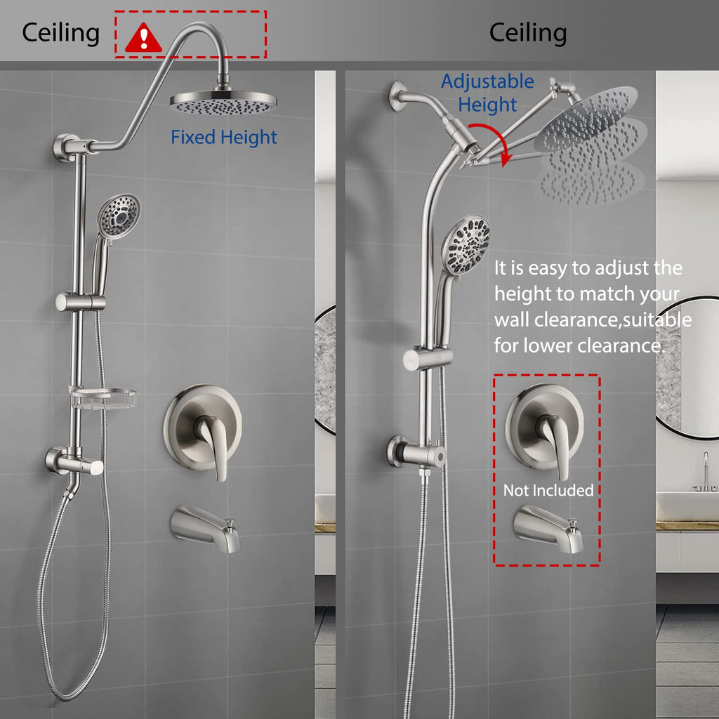 Rainfall 8 Inch Round Shower Head with High Pressure Handheld Spray Combo, Drill-Free Slide Bar with Adjustable