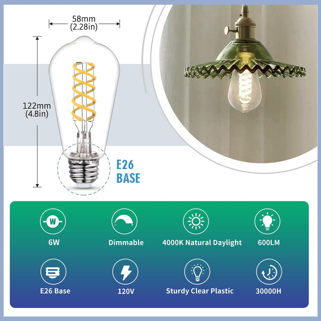 4Pack Dimmable Vintage LED Edison Bulbs, Neutral White 4000K