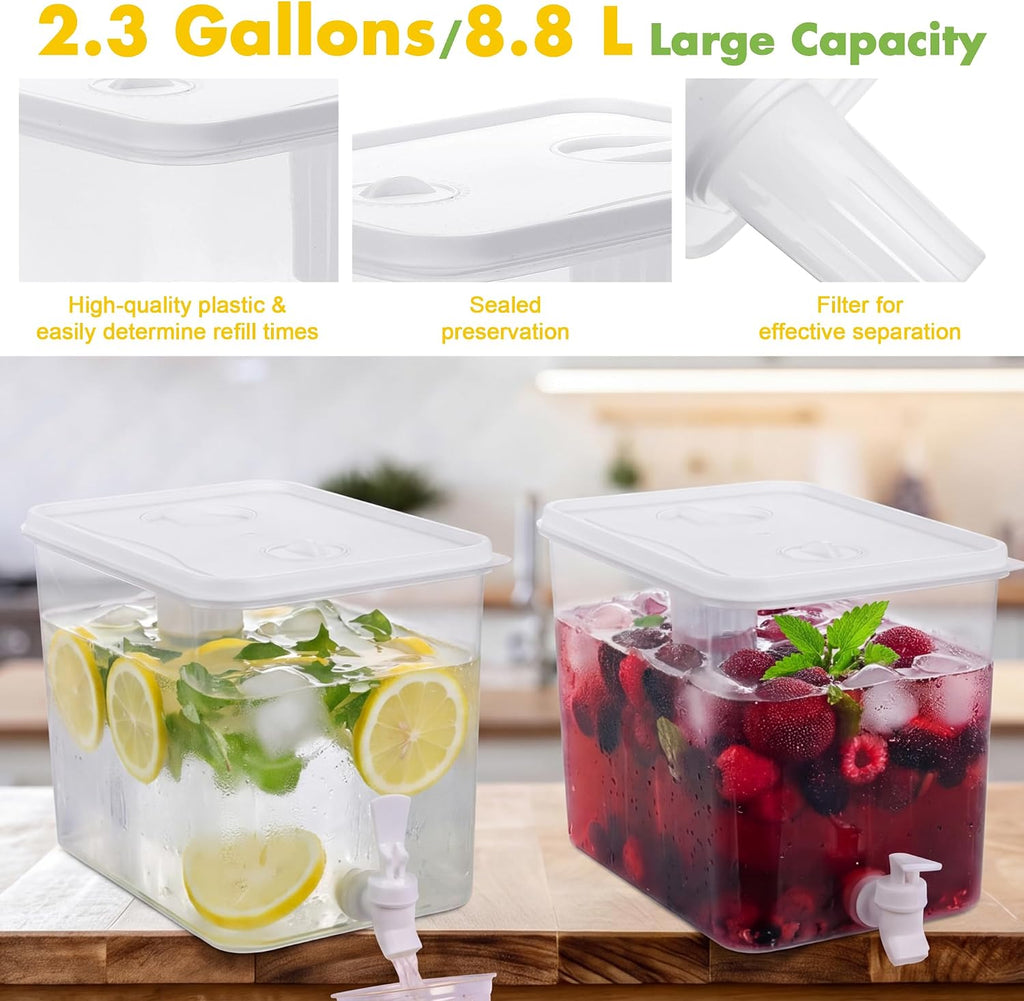 2.3 Gallon Lemonade Dispenser, Plastic Drink Dispenser with Spigot 50 Disposable 12 OZ Lemon Plastic Cups - Set of 2