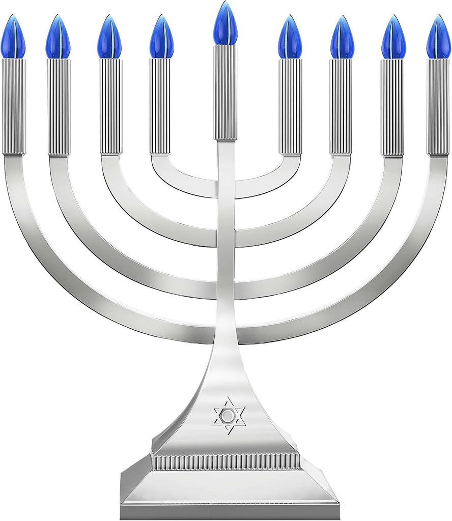 Zion Judaica 9" LED Hanukkah Medium Metallic Silver Battery or USB C Type Powered Flameless Chanukkah Candleholder - Set of 9