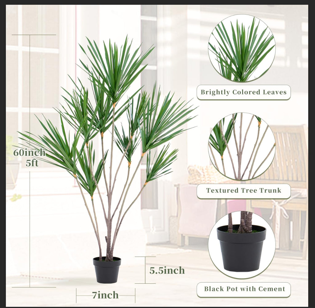 5ft Artificial Dracaena Marginata Tree with 261 Lifelike Leaves & 9 Heads, Tall Large Faux Tropical Yucca Plant Fake