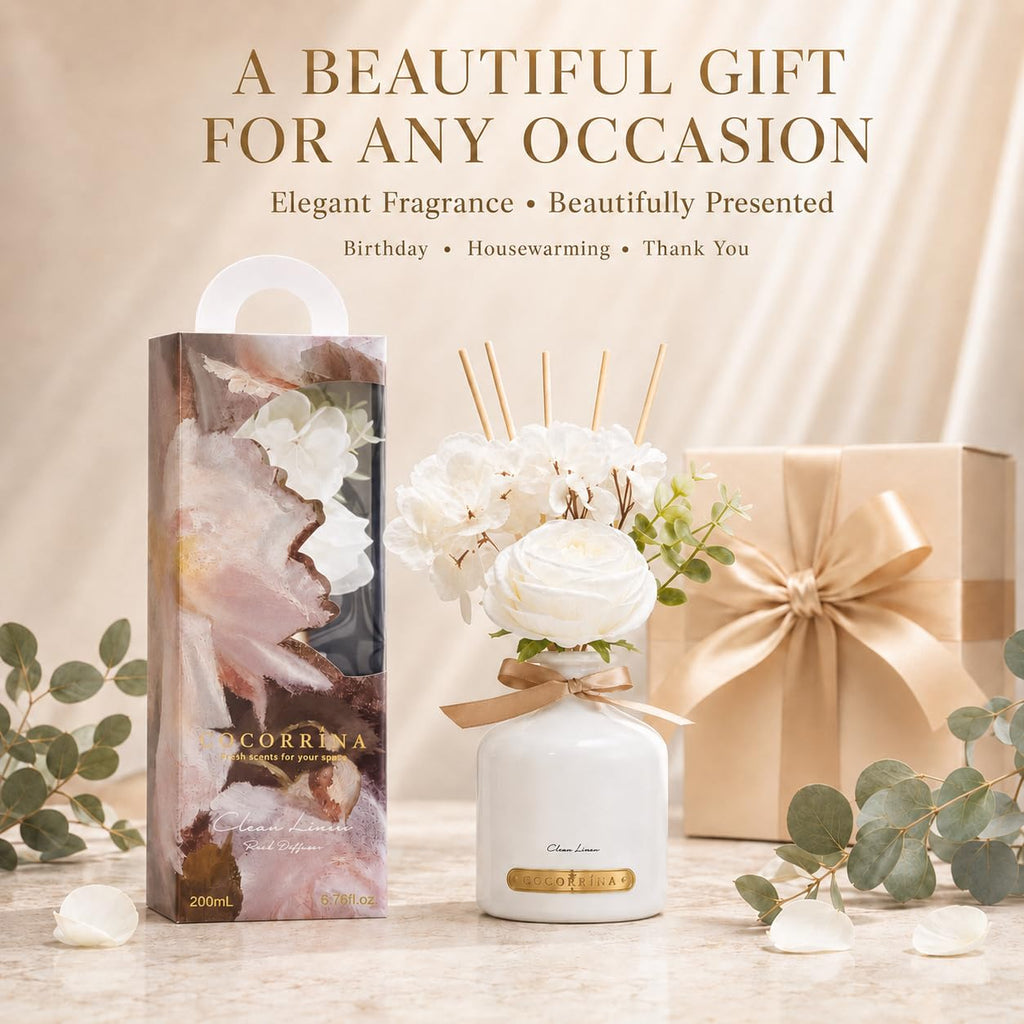 Clean Linen Flower Reed Diffuser Set, 6.7oz Home Fragrance with Sticks, Long Lasting Scented Diffuser & Shelf Decor