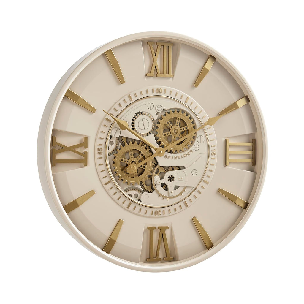 Mid Century Modern 24 Inch Moving Gear Walll Clock, Ivory &Gold