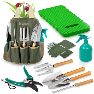 Premium Gardening Kit for Women - 10 Stainless Steel Tools with Ergonomic Handles, Tote Bag, Kneeling Pad, Shears