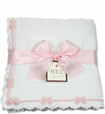 Baby Girl Blanket - Heirloom Collection - White with Pink Bows, 100% Cotton, in The USA (Crib: 30 x 51)