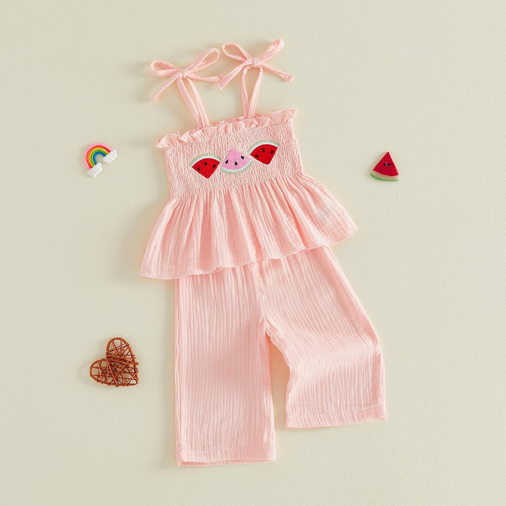 Toddler Girl Summer Outfits Strawberry/Watermelon/Avocado Smocked Tank Tops Linen Pants Cute Muslin 2 Piece Set