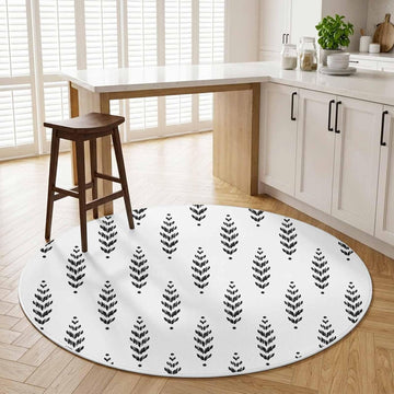 Modern Scandi Botanical Leaves 3ft Round Rug,Washable Area Rugs Minimalist Black Leaf on White Soft Circle Indoor