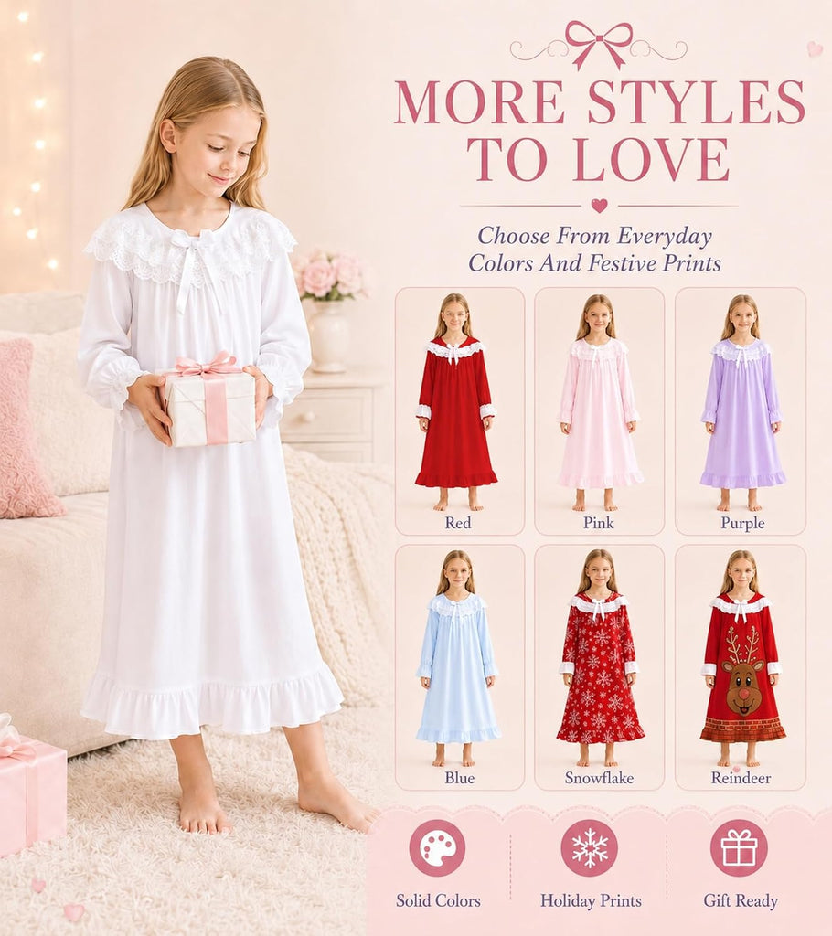 Girls Nightgowns Lace Long Sleeve Princess Pajamas Dress