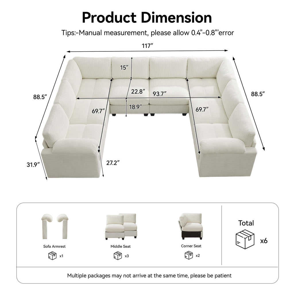 Modular Sectional Sofa, 117'' Oversized Deep Seat U Shaped Couch, Beige