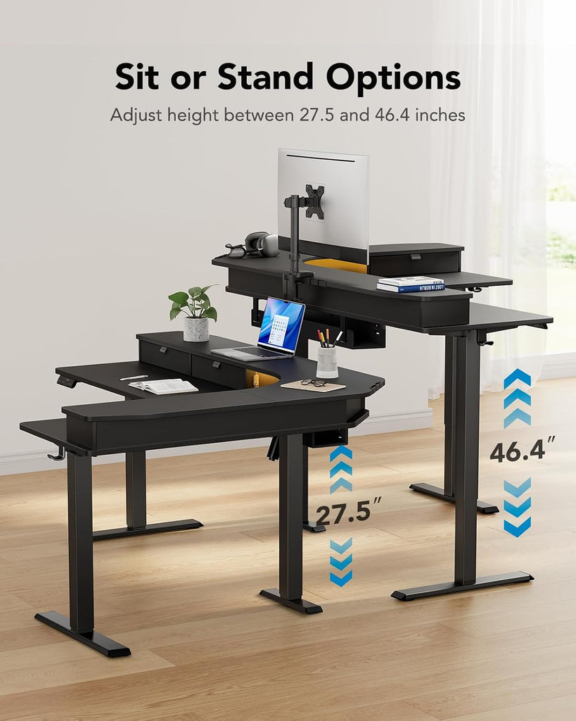 65′′ L Shaped Standing Desk with 3 Drawers, Adjustable, Black | Built-in Power Outlets, LED Strip, Smooth Electric