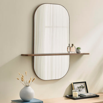 Solstice Oversized Wall Mounted Oval Mirror with Shelf in Walnut - Modern Decorative Accent Mirror, or Bathroom