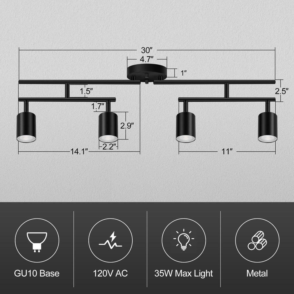Black Track Lighting Kit, 30" LED Track Lighting Fixtures Ceiling, 4 Light Ceiling Spotlights, Kitchen Light