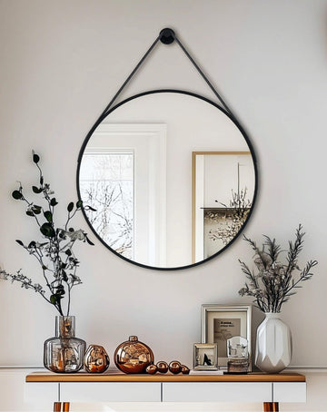 Hanging Strap Wall Mirror: 27.5" Round Bathroom Mirror Black Frame
