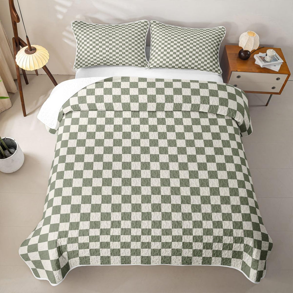 Green Plaid Quilts for Bed, Buffalo Check Bedspreads Soft Bed Summer Lightweight Comforter, Geometric Coverlet