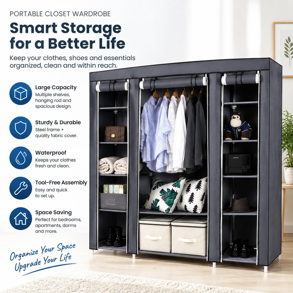 69" Heavy Duty Portable Closet Storage Organizer, 12-Tier Fabric Wardrobe with Hanging Rod, Thickened Steel Tubes &