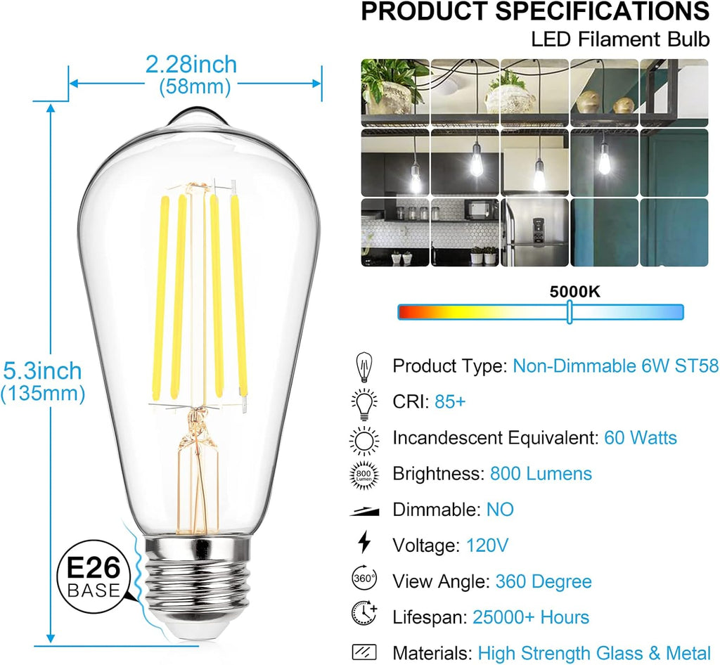 Vintage LED Edison Bulbs 60 Watt Equivalent, 6W E26 Led Bulb