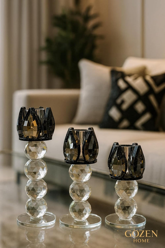3-Piece Quality Crystal Sparkle Candlestick Set | Black Glass Holders with Amber Tops | Refined Tall Design for