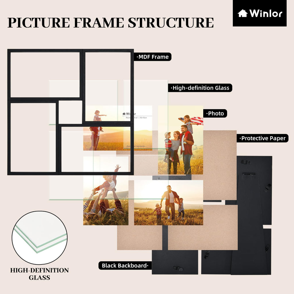 4x6 Collage Picture Frame 4 Openings, FSC Certified MDF Wood Family Photo Frame with HD Glass for Desktop & Wall