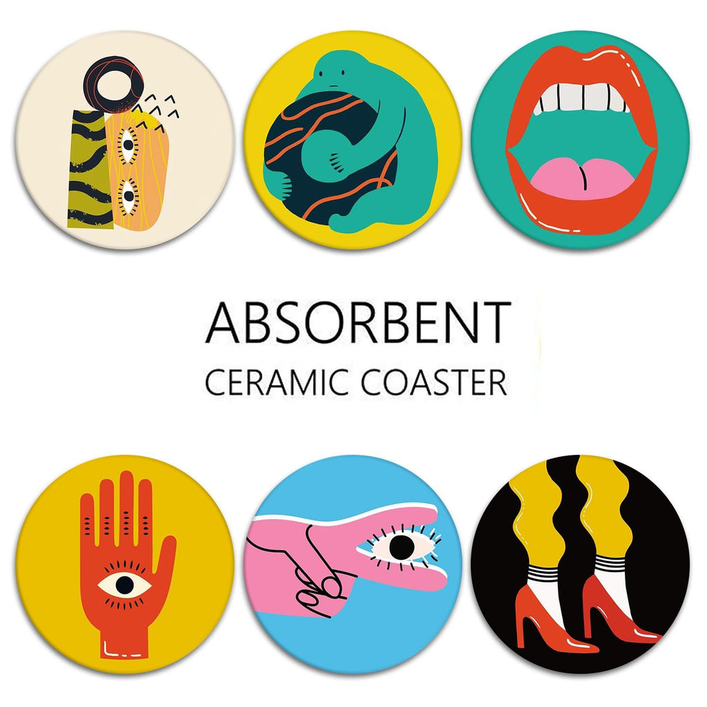 Coasters for Drinks, Set of 6, Ceramic Stone, Colorful Geometric