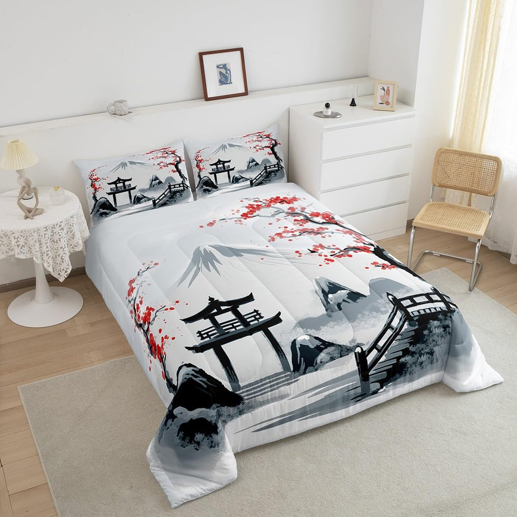 Japanese Cherry Comforter Set Queen Size 3 Piece Bedding Set