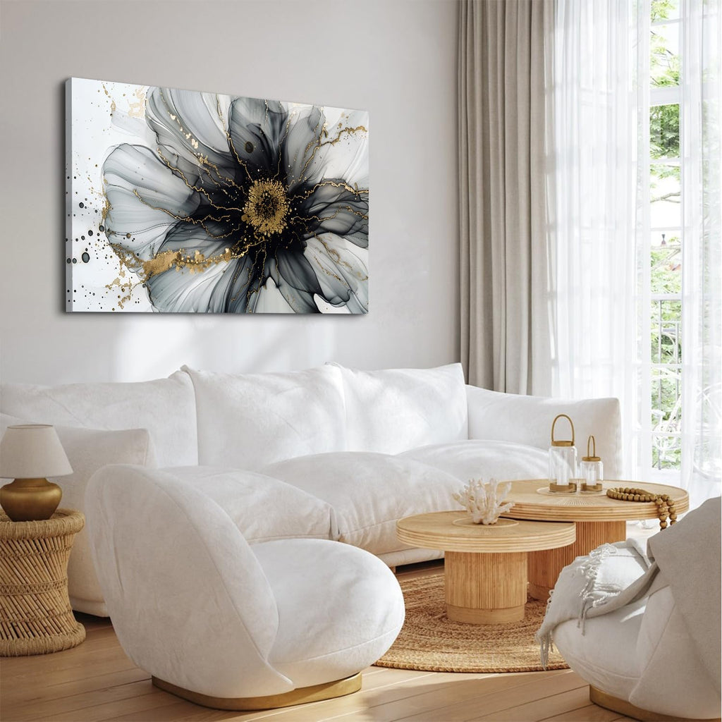 Large Black and White Abstract Wall Art Above Bed Picture, Marble Flower Wall Decor Watercolor Fluid Glitter Texture