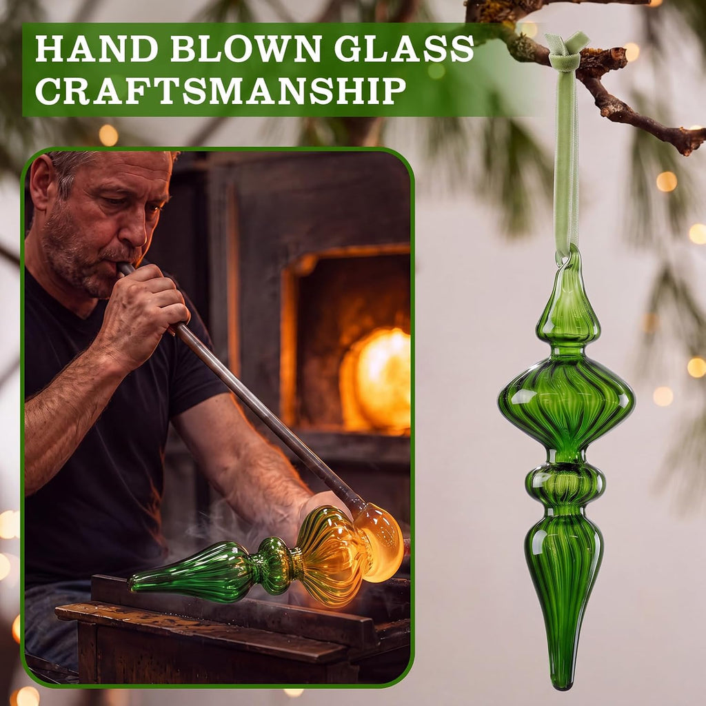 Vintage Glass Finial Christmas Ornaments, Green - Set of 12