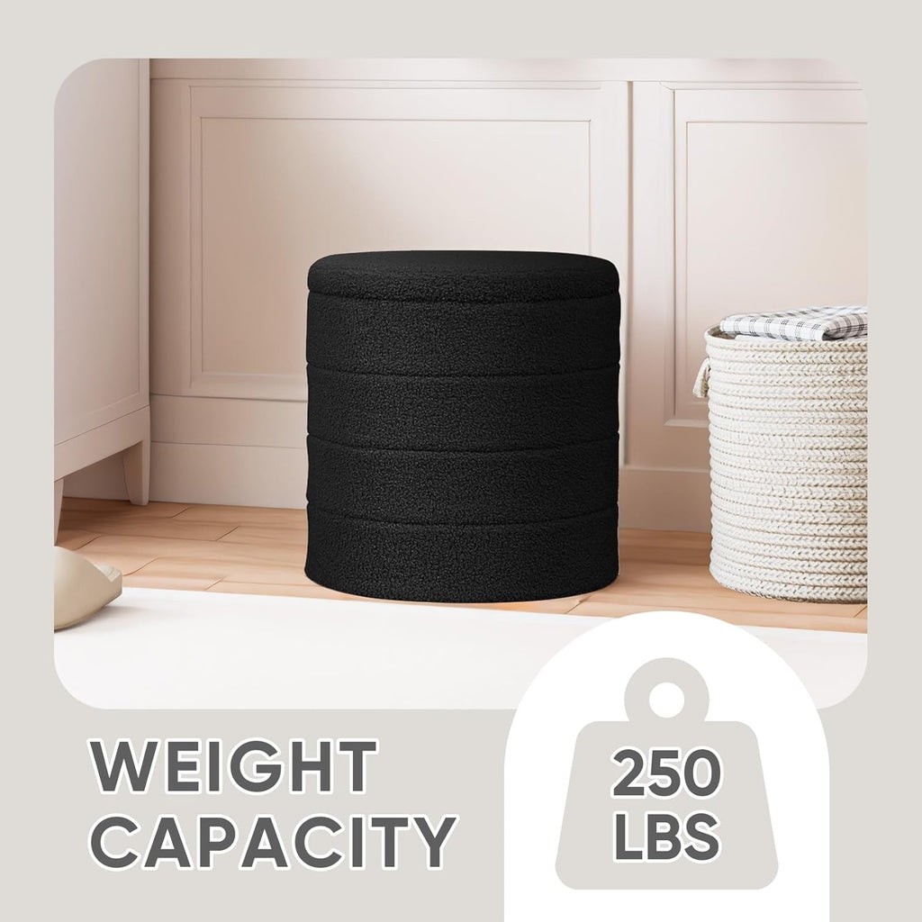 Round Storage Ottoman Foot Rest Stool with Tray Velvet Sherpa Folding Storage Ottoman,Boucle Foot Rest ,Black Color