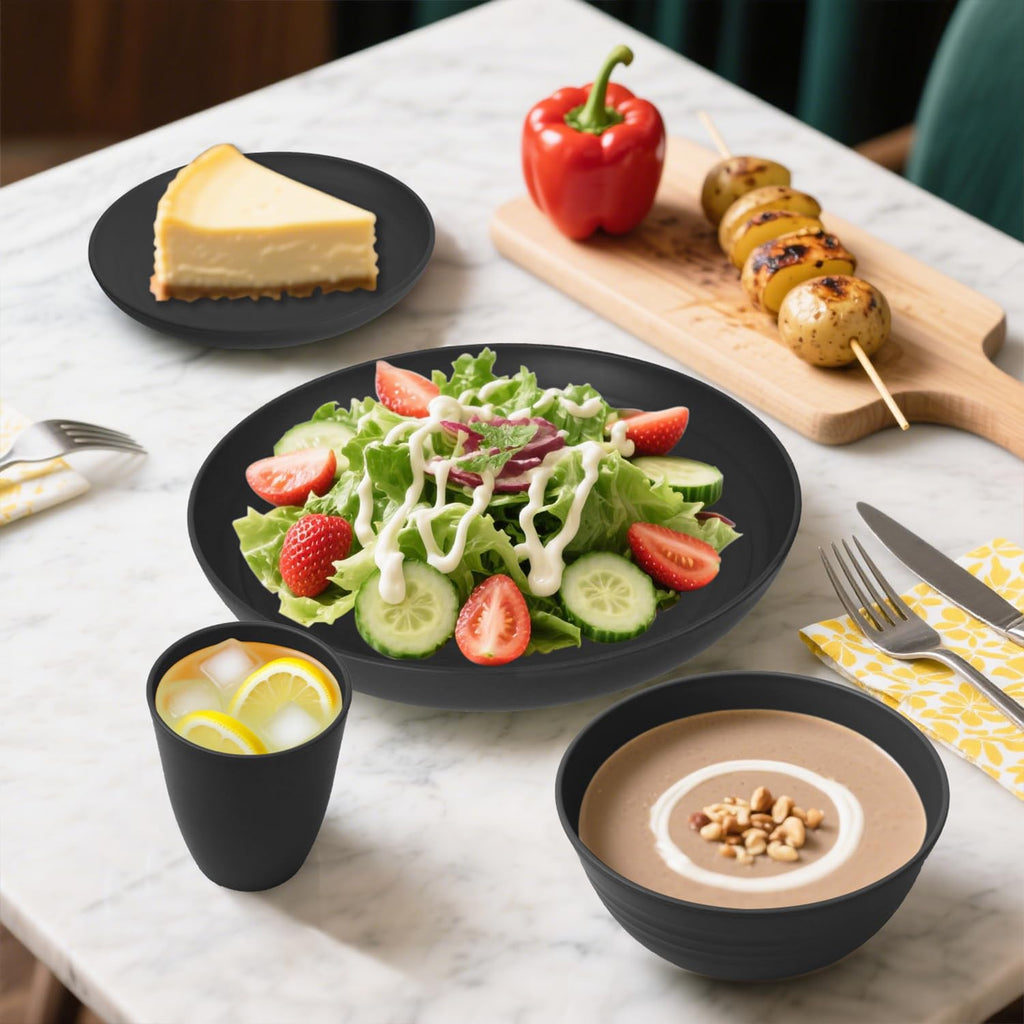 Wheat Straw Dinnerware Sets for 8, 32 PCS Unbreakable Plates and Bowls Sets, Reusable Dinnerware Set Outdoor and