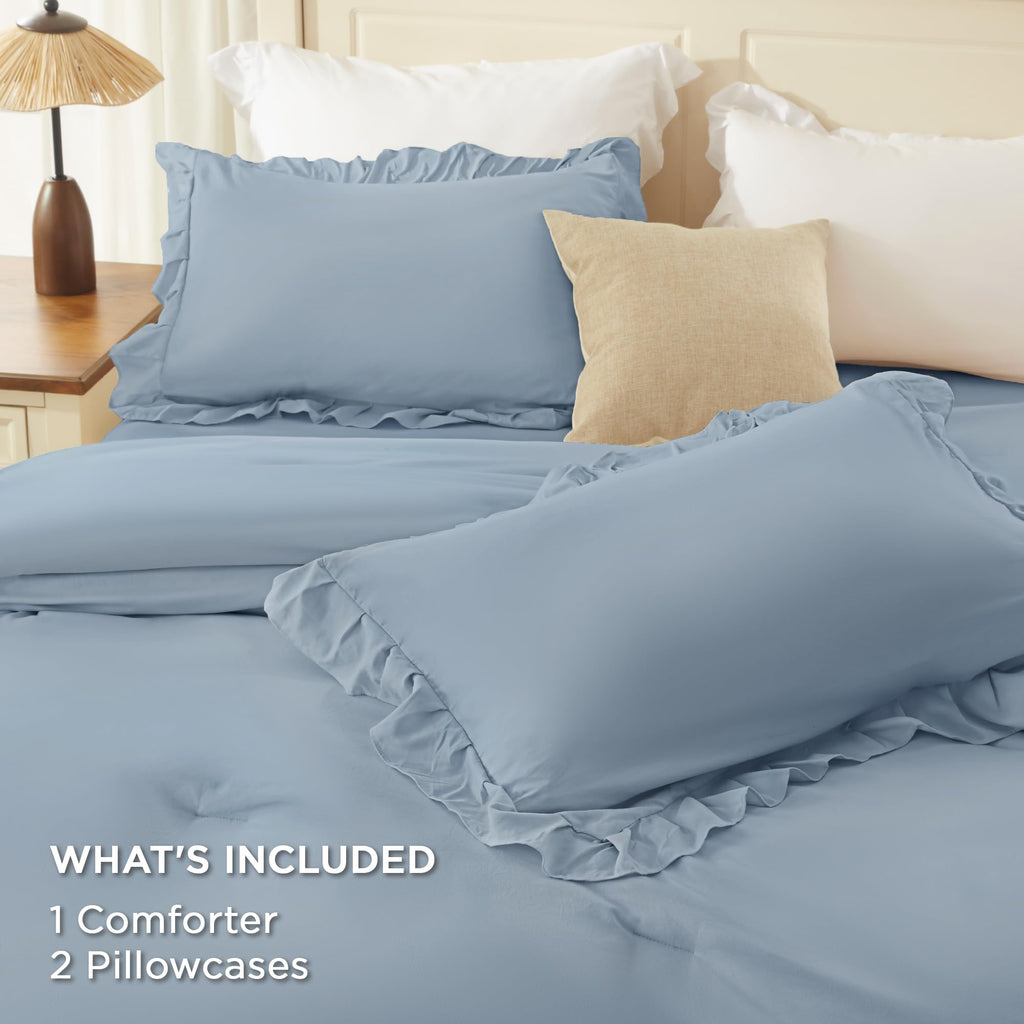 Grayish Blue Ruffle Comforter Set, 3 Pieces Solid Bedding