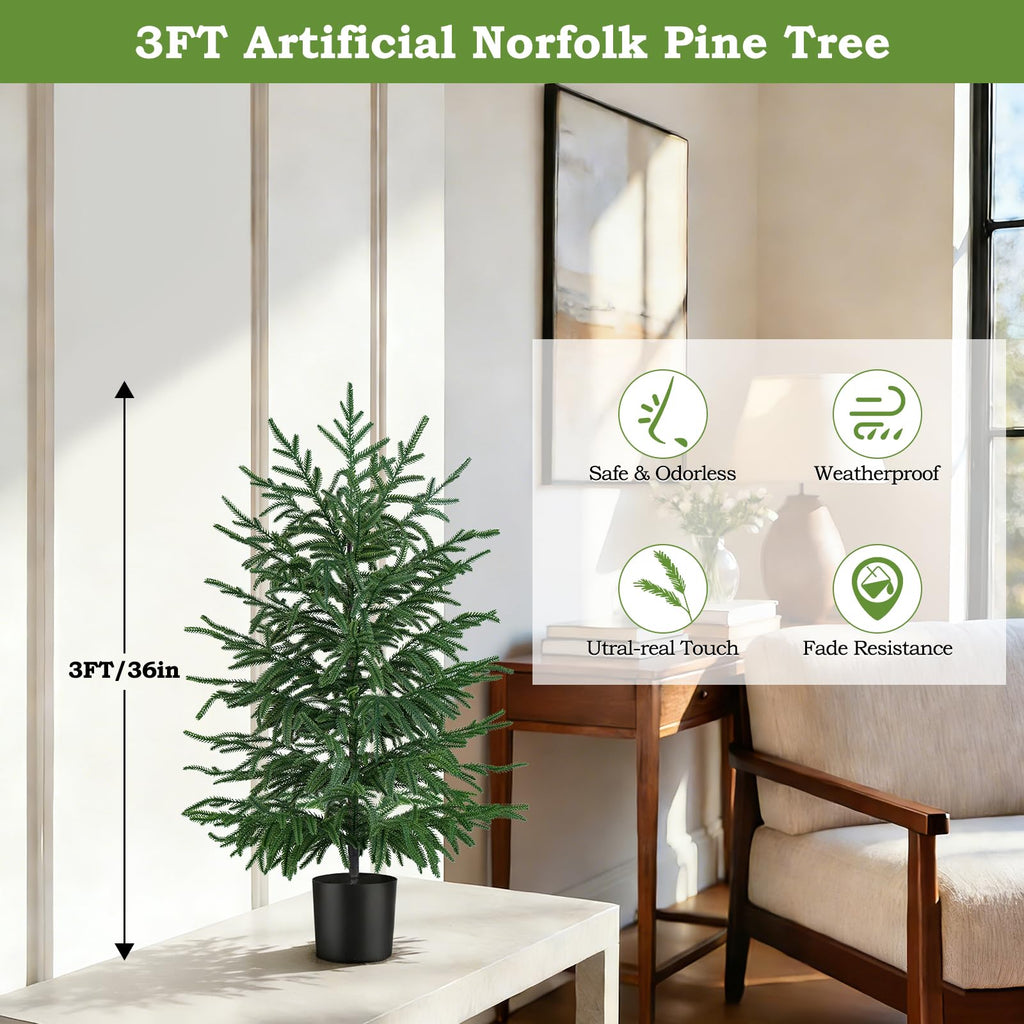 2PCS Faux Norfolk Pine Topiary Trees with Pot, 3FT UV-Anti Decor