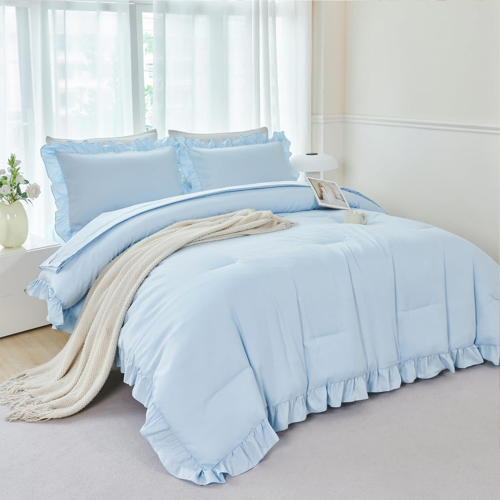 5 Pieces Light Blue Full Bed in A Bag for Kids Girls Ruffle Bedding Sets Boho Comforter Set Vintage Farmhouse Bedding