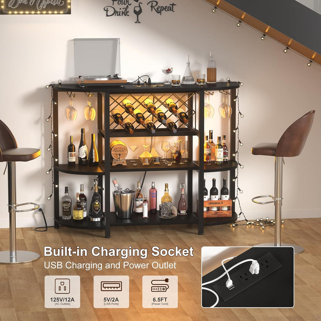 4-Tier Metal Coffee Bar Cabinet with Outlet and LED Light | Freestanding Floor Bar Table, Liquor with Glass Holder