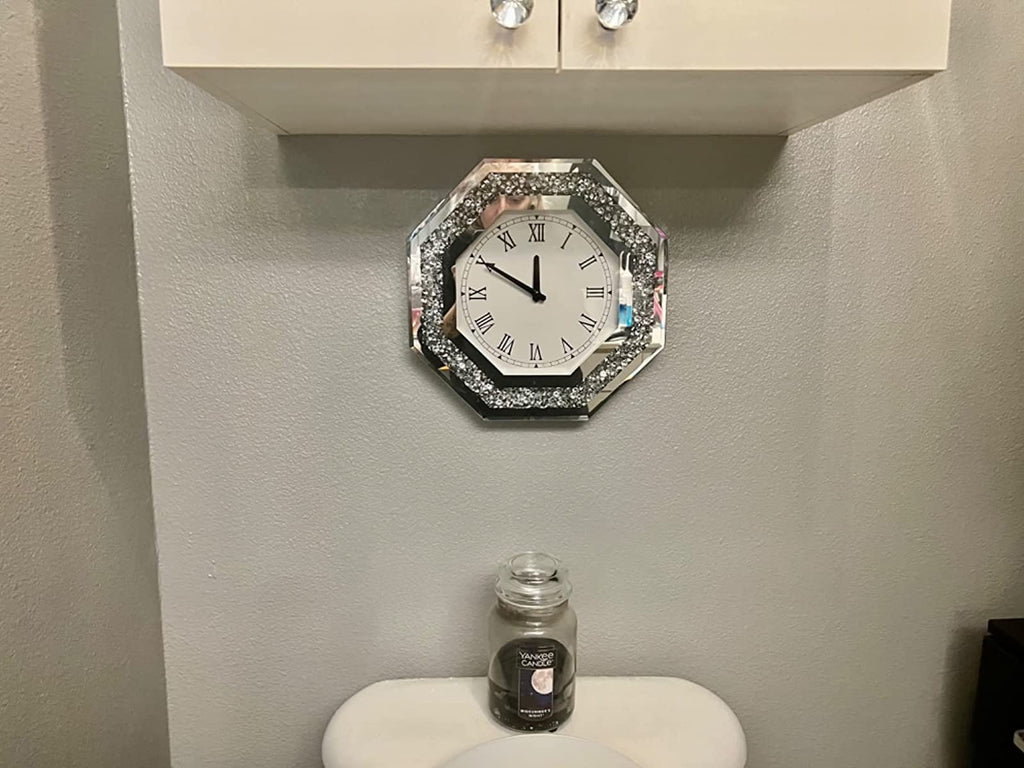 Wall Clock, Octagon Mirror Glass Clock, Cute Diamond 12-inch Non-Ticking Clock for Wall Décor, Perfect Home Decor