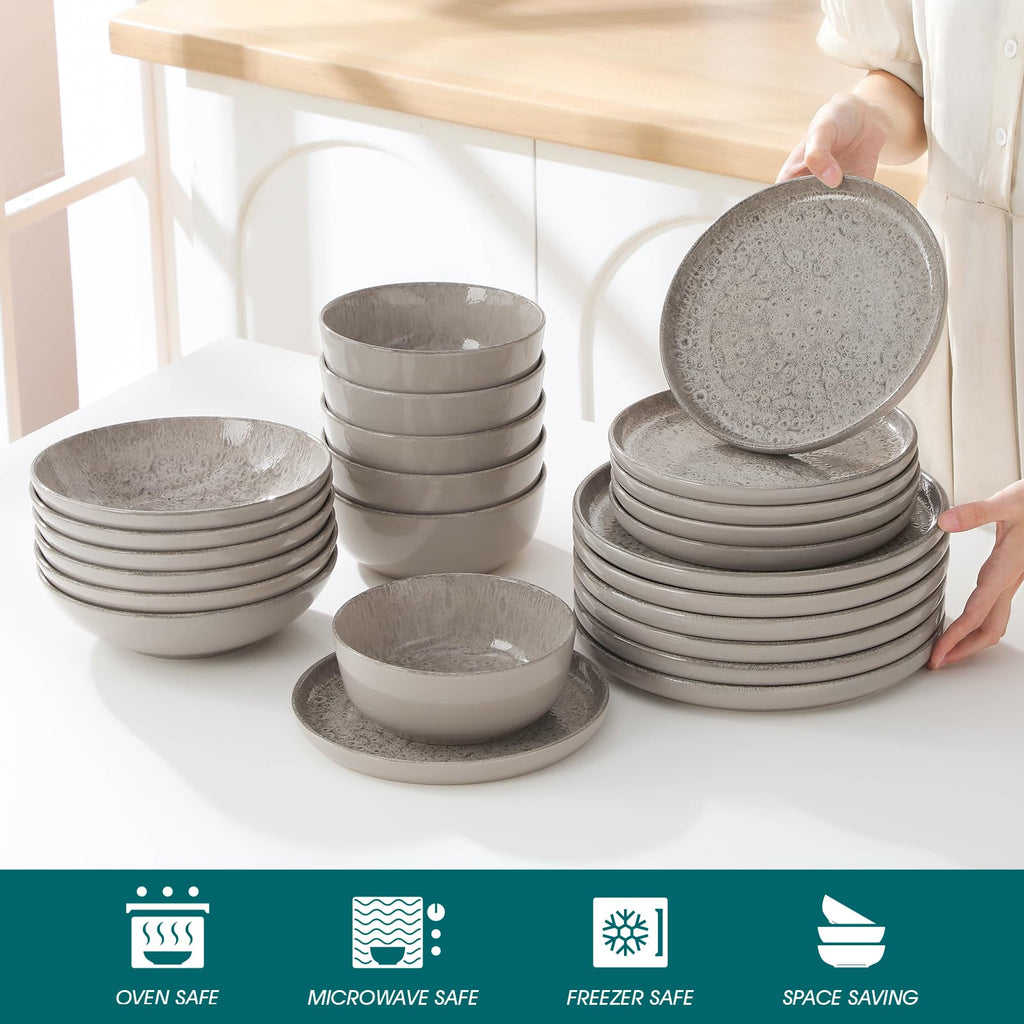 Reveal Ceramic Plates and Bowls Set for 6, 24-Piece Dinnerware Set
