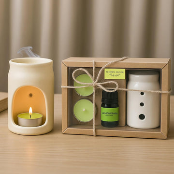 Hamira Decor Aroma Diffuser Set - Ceramic Oil Burner with 2 Tealight Candles & 10ml Essential Oil - Compact & Elegant - Set of 3