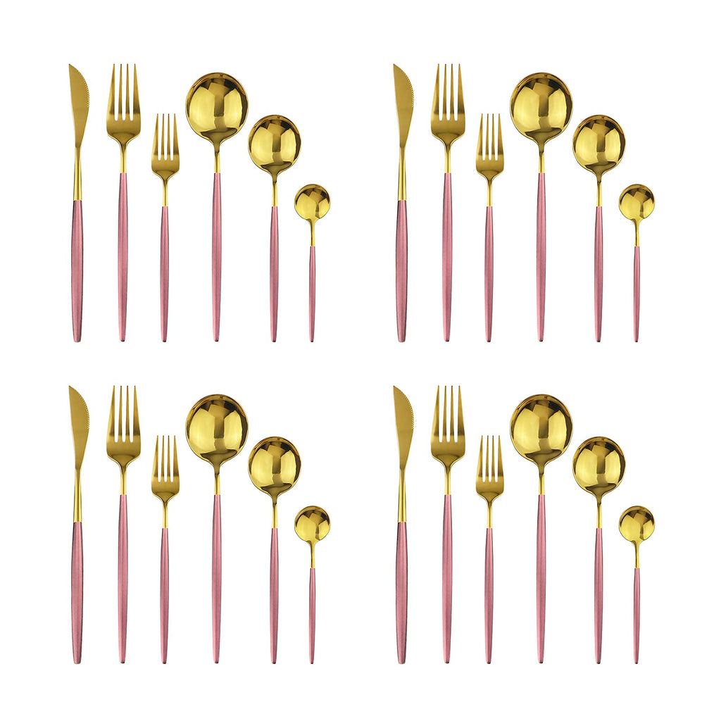 24Pcs Gold Mirror Silverware Flatware With Pink Handle, 18/0 Stainless Steel Cutlery Set Utensils Kitchen Dinnerware