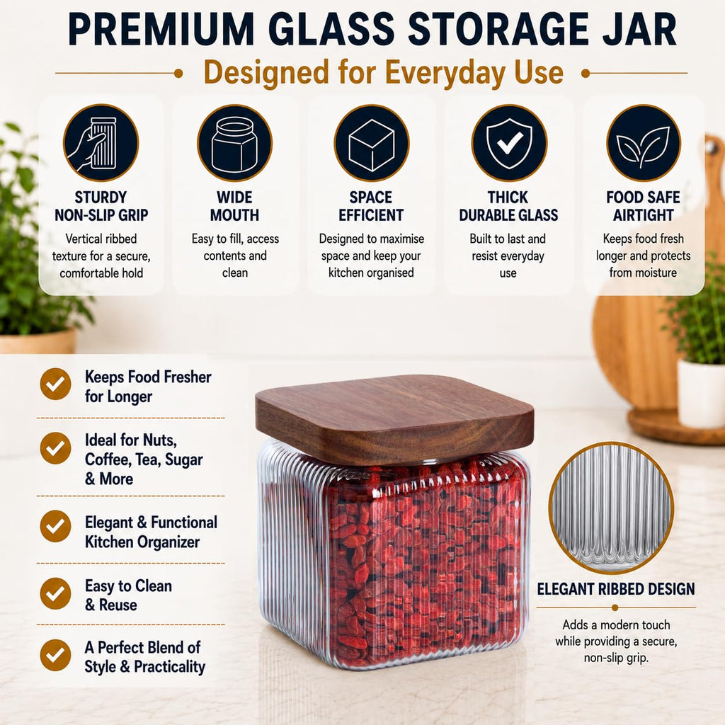 Ribbed Glass Square Jar with Wooden Lid 25fl.oz - Set of 3 | Airtight Fluted Storage Canister for Food, Pasta