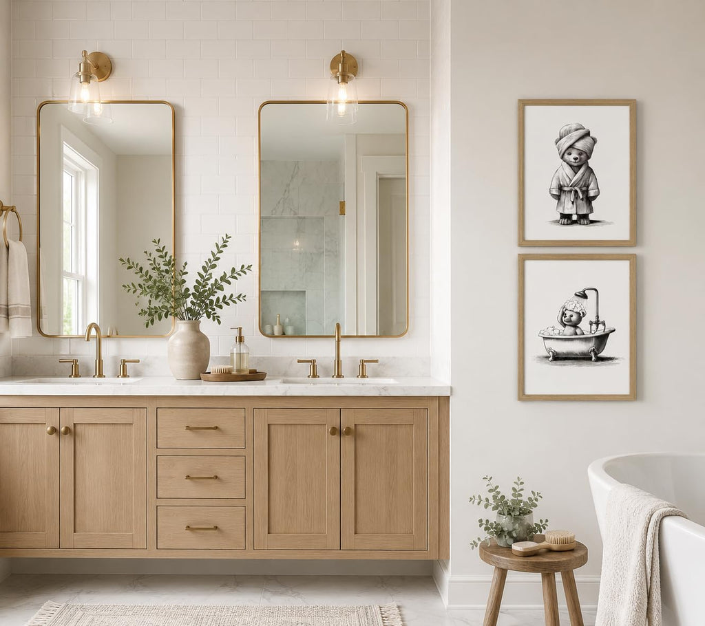 2Pc Framed Bathroom Wall Art Cute Bear Bath Canvas 16x24 Decor