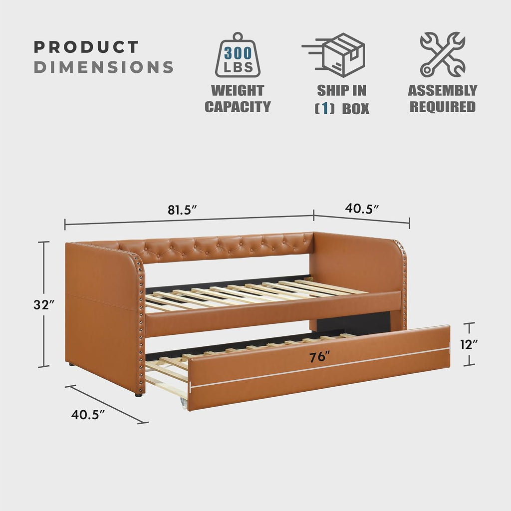 Faux Leather Daybed with Trundle, Solid Wood Frame, Nailhead Trim, Wood Slat Support, Button Tufted Trundle Day Bed