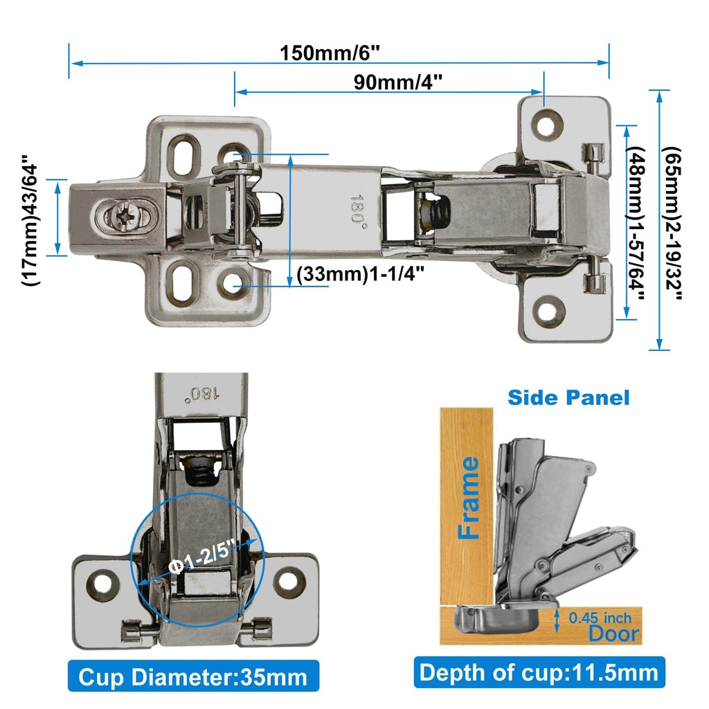 180 Degree Frameless Cabinet Doors Hinges, Concealed Hydraulic Adjustable Mounting, Soft Closing Nickel-Plated Steel