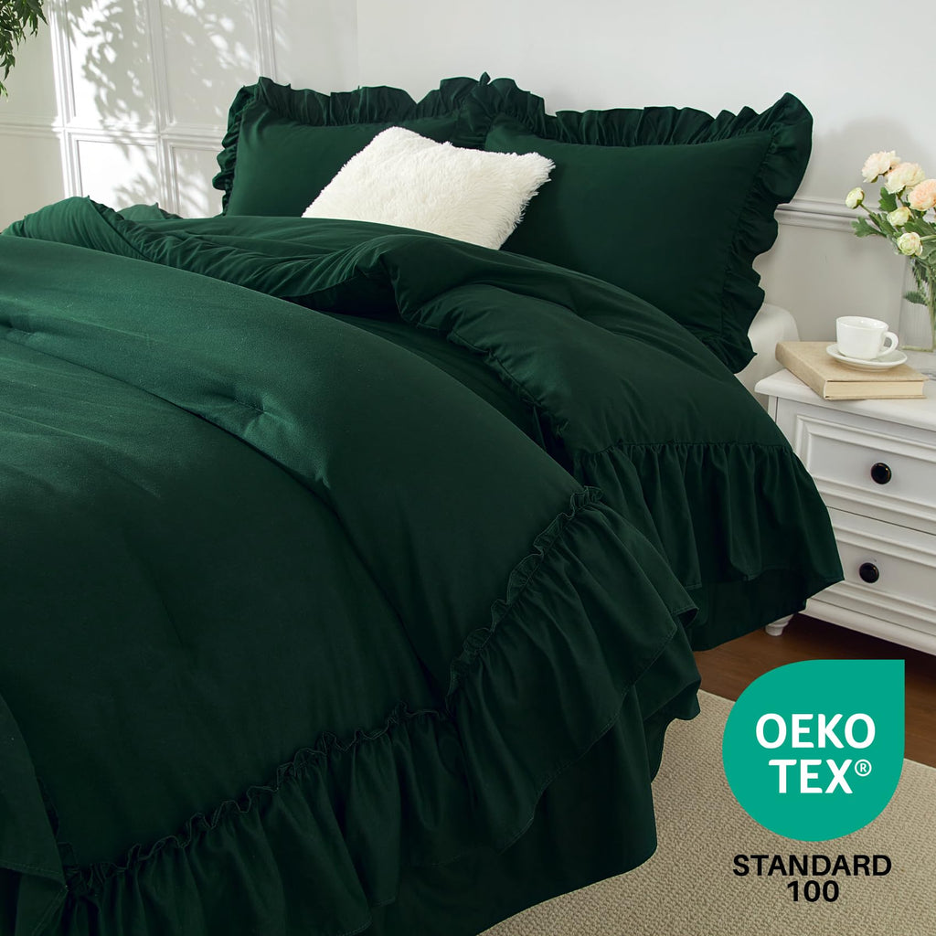 Dark Green Ruffle Comforter Set 3‐Piece Farmhouse Bedding