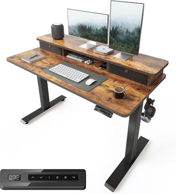 48 x 24 Inch Height Adjustable Electric Standing Desk with Double Drawer, Stand Up Table with Storage Shelf, Sit