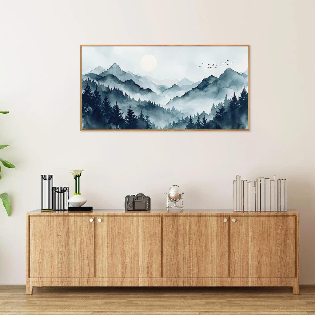 Large Foggy Mountain Framed Canvas Wall Art, Misty Forest Scenery Wall Decor, Minimalist Watercolor Landscape