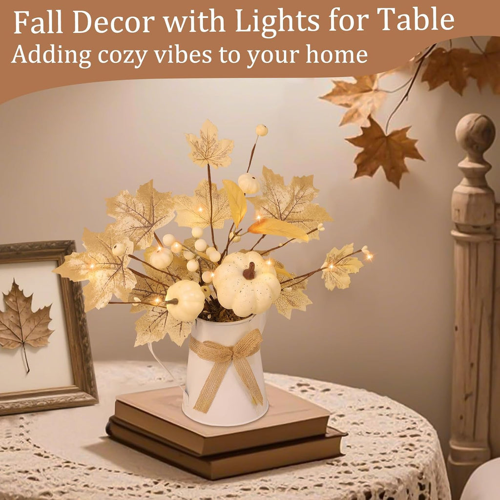 [Light & Timer] Fall Decor Table Centerpiece Potted White Maple Arrangement in Metal Pitcher Neutral Rustic