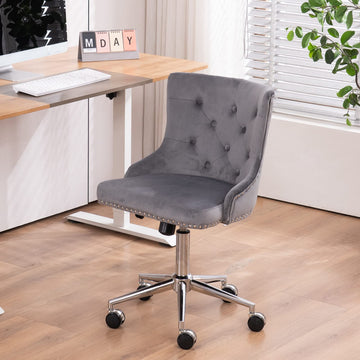 Grey Velvet Armless Home Office Desk Chair with Silver Chrome Base/Wheels, Small Cute Vanity/Makeup Chair with Back